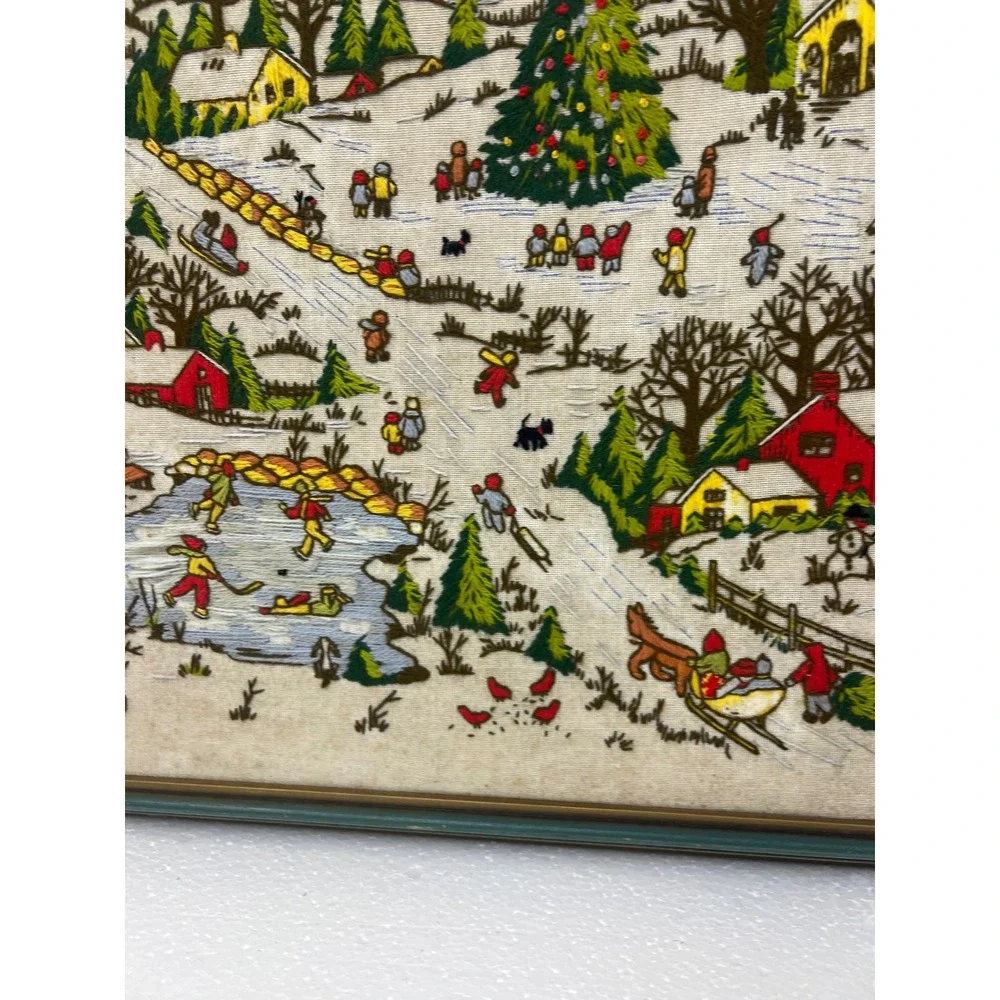 Vintage Framed Crewel Embroidery Winter Village Landscape Wood Frame Grannycore